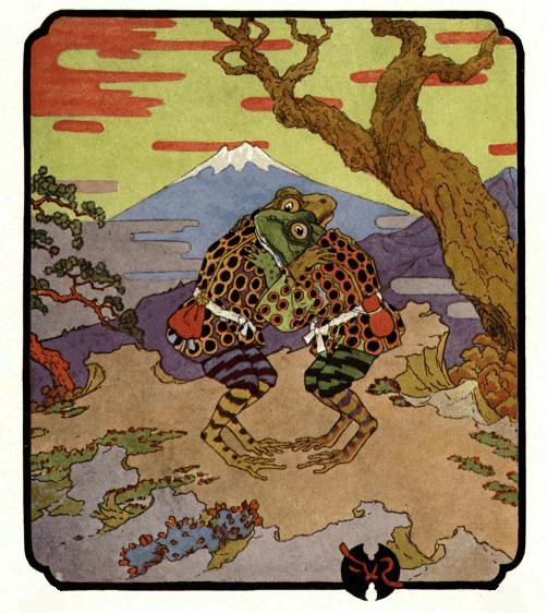 Osaka frog and Kyoto Frog standing up on eachothers shoulders